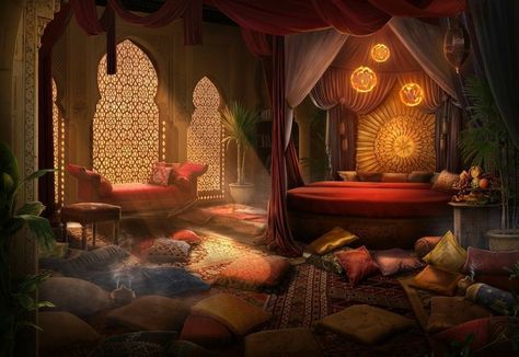 Arabic Room Aesthetic, Arabian Room Aesthetic, Fantasy Hotel Room, Arabic Bedroom Design, Gerudo Aesthetic, Fantasy Royal Bedroom, Harem Bedroom, Arab Bedroom, Fantasy Tent