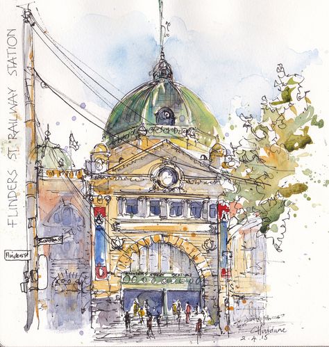 Finders St station, Melbourne by Chris Haldane #watercolor #urban #sketch Urban Sketchbook, Urban Drawing, Travel Sketching, Architecture Representation, House Paintings, Graphic Painting, Sketch Watercolor, Urban Sketches, City Sketch