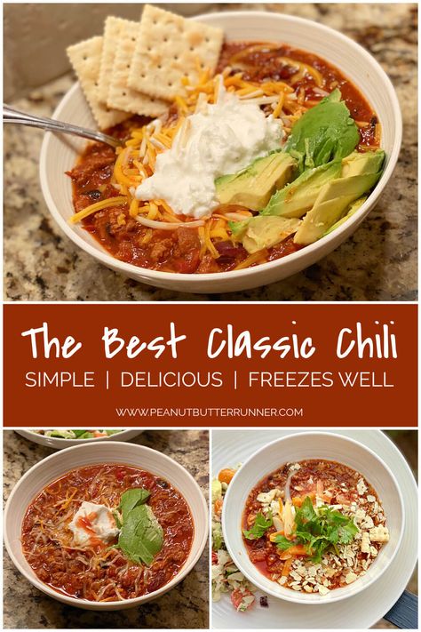 A recipe for the best classic chili! A basic mix of ground beef, onions, tomatoes, beans and spices that's chock full of depth and flavor. Hearty, comforting and so simple to prepare! The Best Classic Chili Recipe, Chili Bowl Recipe, The Best Classic Chili, Simple Chili Recipe, Old Fashioned Chili Recipe, Runner Recipes, Best Chilli, Basic Chili, Classic Chili Recipe