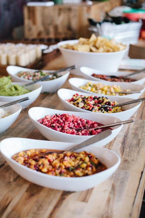 Taco Bar Party, Salsa Party, Salsa Bar, Wedding Food Stations, Nacho Bar, Reception Food, Mexican Dinner, Wedding Reception Food, Covet House