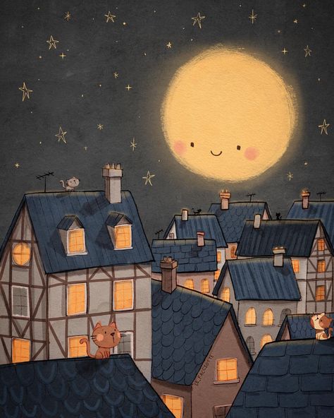 Moon Aesthetic Cartoon, Good Night Illustration Art, Night Illustration Wallpaper, Good Night Images New Good Night Images, Cute Sleeping Cartoon, Good Night Drawing, Good Night Cute Images, Bedtime Illustration, Good Night Aesthetic