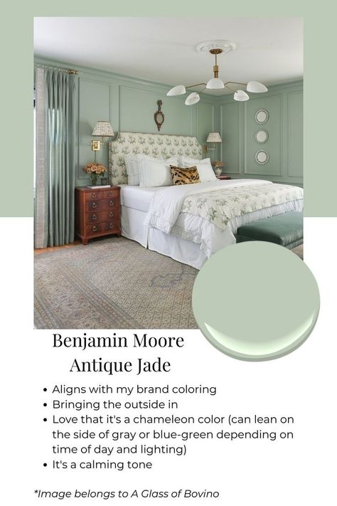 Bedroom with green paint Jade Paint Color Bedroom, Jade Wall Color, Antique Jade Paint, Benjamin Moore Clearspring Green, Benjamin Moore Jade Garden, Benjamin Moore Palest Pistachio, Light Green Bedroom Walls Paint Colors Benjamin Moore, Celadon Green Living Room, Halo Paint Benjamin Moore