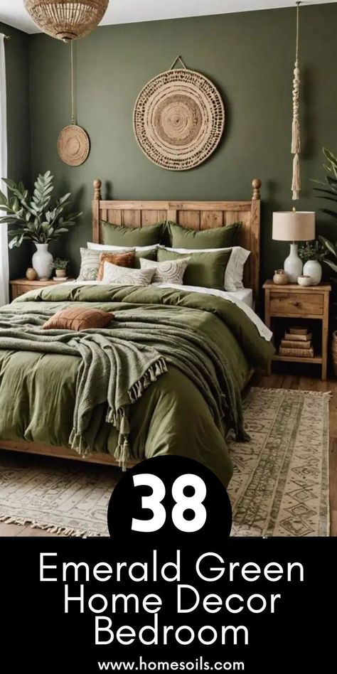 Discover 38 emerald green home decor ideas for your bedroom! From rich emerald walls and bedding to elegant accents and accessories, these ideas will help you create a sophisticated and inviting space. Perfect for adding a bold, luxurious touch to your bedroom decor. Green Master Bedrooms Ideas, Green Bedding Green Wall, Bedroom Inspirations Master Hunter Green, Green Bed Ideas Bedroom, Dark Green Rustic Bedroom, Dark Green Bedding Bedroom Designs, Emerald Green And Rose Gold Bedroom, Forest Green Boho Bedroom, Jade Green Bedroom Ideas