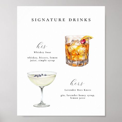 Signature Drinks Wedding Cocktails Bar Poster Sign. Features, Whiskey Sour and Lavender Cocktails. Gin And Tonic Wedding Drink, Rustic Wedding Signature Cocktail, 50th Anniversary Signature Drink, Fun Wedding Cocktails, Bride And Groom Drink Signature Cocktail, Specialty Drinks For Wedding, His And Her Cocktails Wedding, His And Hers Wedding Cocktails, His And Hers Cocktails Wedding