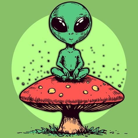 Cartoon character of a meditating alien sitting on top of a trippy psychedelic mushroom. Green humanoid on a fungus doing yoga Alien Painting, Trippy Alien, Trippy Cartoon, Mushroom Paint, Alien Drawings, Trippy Drawings, Trippy Designs, Mushroom Drawing, Arte Alien