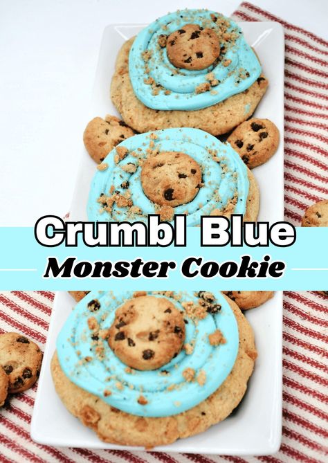 Crumbl Blue Monster Cookies Blue Monster Cookies, Banana Pie Recipe, Sopapilla Cheesecake Bars, Crumble Cookie Recipe, Monster Cookies Recipe, Banana Pie, Mini Chocolate Chip Cookies, Crumbl Cookies, Ice Cream Scooper