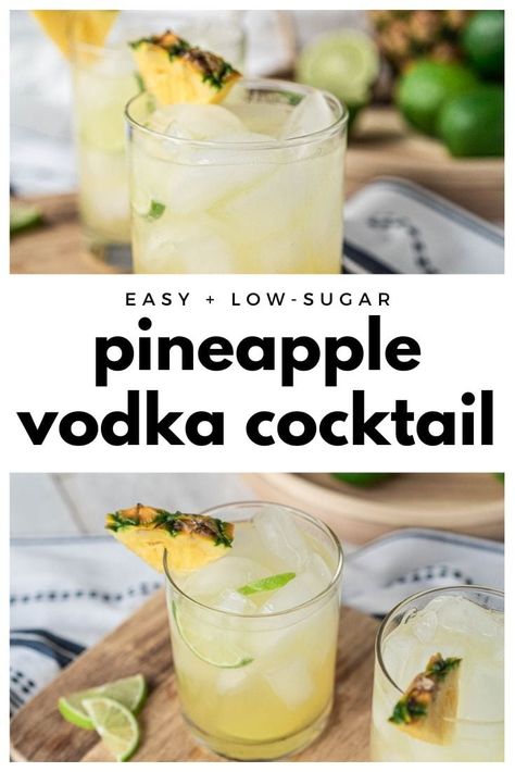 Need a cocktail that feels like something special without being too fussy? This beachy pineapple vodka cocktail has you covered. It's basically a vodka soda, but with a bit of extra pizzaz from pineapple juice and fresh lime juice. You'll love it because it's refreshing, low in sugar, and SO easy to make. #chelseadishes #vodkacocktails #sparklingwatercocktails #lacroixcocktails #summercocktails #beachdrink #lowsugarcocktails Vodka Cocktails With Pineapple Juice, Pineapple Juice Alcoholic Drink, Fresh Pineapple Drinks Alcohol, Pineapple Lemonade Cocktail, Pineapple Soda Cocktail, Fresh Vodka Cocktails, Pineapple And Vodka Drinks, Drinks With Pineapple Vodka, Pineapple Summer Drinks