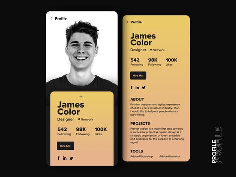 Profile App by Nirmal GL on Dribbble Mobile App Portfolio Design, Portfolio App Design, Web Profile Design, Profile Ux Design, App Profile Design, Profile Page Ui Mobile, Profile Ui Mobile, Scorecard Design, Profile Card Ui