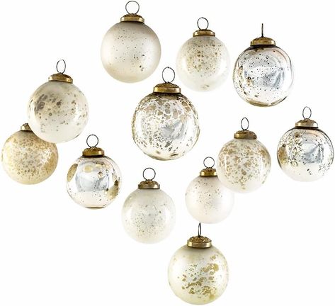 Amazon.com: Serene Spaces Living 12pcs Vintage Style White & Silver Mercury Glass Ornament Set for Christmas Tree, Christmas Decorations, Winter Wedding, Table Centerpiece, 2.5" Diameter : Home & Kitchen Modern Christmas Ornaments, Decorated Wreaths, Mercury Glass Christmas Ornaments, Neutral Christmas Decor, Mercury Glass Ornaments, Glass Ball Ornaments, Christmas Decorations For The Home, Mercury Glass, Gold Glass