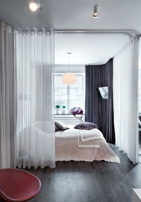 5 Room Separator Ideas for Adding Space to Your Place Bed Feng Shui, Room Separator Ideas, Studio Apartment Room Divider, Room Separator, Curtain Divider, Thick Curtains, Separating Rooms, Room Divider Curtain, Curtain Room