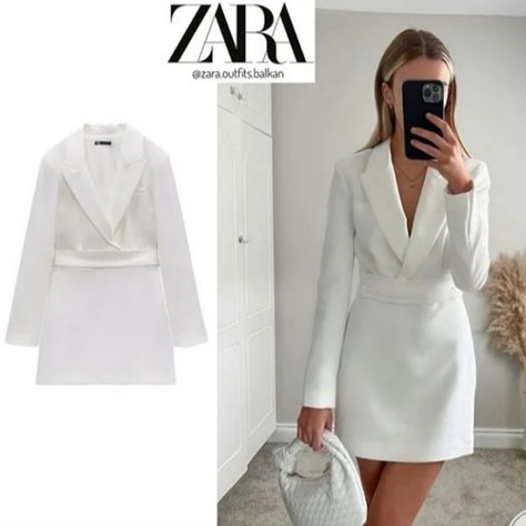 Blazer Dress White, Zara Blazer Dress, Zara Poplin Dress, White Blazer Dress, Blush Sequin Dress, Printed Green Dress, Yellow Knit Dress, White Dress Winter, Strapless Denim Dress