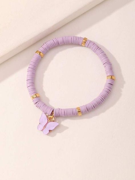 Bracelet Ideas Diy Beaded, Braclets Ideas Beaded Purple, Clay Bracelets With Words, Purple Clay Beads Bracelet, Beaded Jewelry Clay Beads, Clay Bead Bracelet Ideas Aesthetic Purple, Clay Bracelet Ideas Purple, Polymer Beads Necklace, Charms For Bracelet