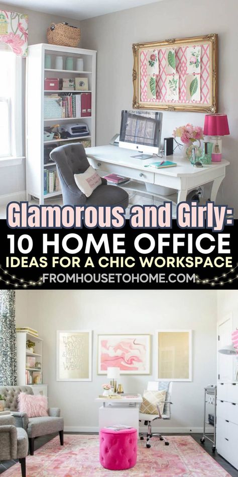 Glamorous and girly: 10 home office ideas for a chic workspace Office Pink Decor, Navy Pink And Gold Office Decor, Pink And White Office Ideas, Girlie Office Ideas Work Spaces, Feminine Decor Ideas, Pink And Green Home Office, Work Office Decor Ideas For Women, Home Office Design For Women, Woman’s Office