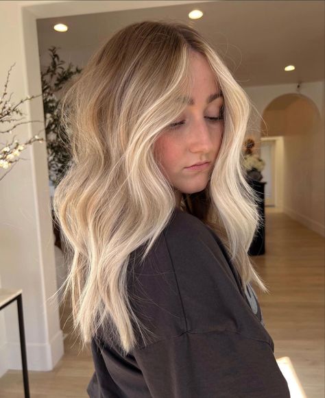 Long Blonde Hair With Balayage, Brown Hair And Blonde Balayage, Rooted Bright Blonde Hair, Copenhagen Blonde Hair, Blonde Hair With A Root Tap, Partial Highlights With Root Smudge, Fall Blonde Hair Curtain Bangs, Full Highlight Before And After, Low Lights With Money Piece Blonde Hair