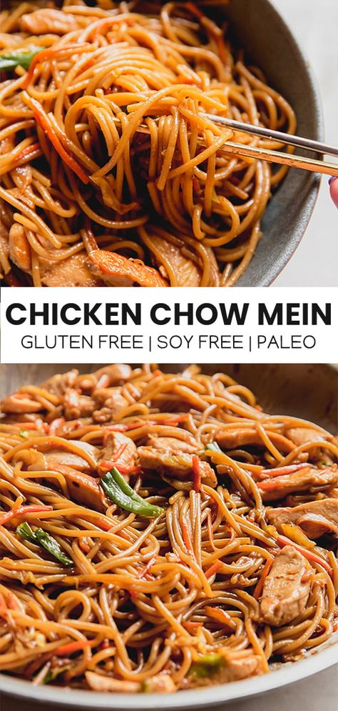 Dairy Free Red Meat Free Recipes, Gluten Free Chicken Lo Mein Recipe, Paleo Chow Mein, Celiac Meal Prep, Gluten Free Chicken Chow Mein, Soy Free Chinese Recipes, Gluten Free Chow Mein Recipes, Gluten Free Dairy Free Chinese Food, Soy Free Chinese Food Recipes