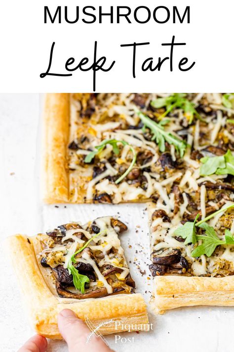 Our vegan Mushroom Leek Tarte recipe is a simple, flavor packed dish that will impress any guest. Soft, flaky puff pastry is filled with caramelized leeks and wild mushrooms. The vegetables are seasoned with Herbs de Provence, a classic french herb blend of fresh-dried herbs that brightens any dish with the aroma of summer. Topped with vegan melted cheese and fresh arugula, this savory dish is simply perfect. Caramelized Leeks, Mushroom Leek, Leek Tart, Unique Ingredients, Puff Pastry Filling, Vegan Mushroom, Herbs De Provence, Dried Herbs, Winter Recipes