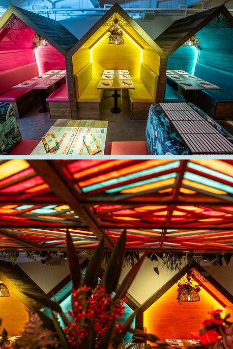 Colourful Indian street food concept interior design restaurant. Colour block dining hut banquettes. Funky interior design ideas for restaurant. Quirky, bold, fun and memorable. Eye catching and instagrammable interior design. Restaurant Creative Design, Bold Restaurant Design, Restaurant Themes Interior, Indian Dhaba Design, Cool Restaurant Design Creative, Basement Restaurant Design, Quirky Restaurant Interiors, Indian Theme Interior Design, Street Restaurant Design