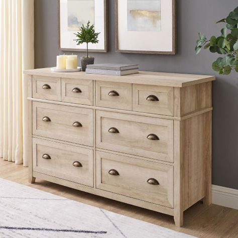 Walker Edison Furniture Co. Odette White Oak Dresser Br6dodddrwo | Bellacor White Oak Dresser, Farmhouse Dresser, Transitional Farmhouse, Walker Edison Furniture, Matching Nightstands, Double Drawer, Furniture Flipping, Oak Dresser, Six Drawer Dresser