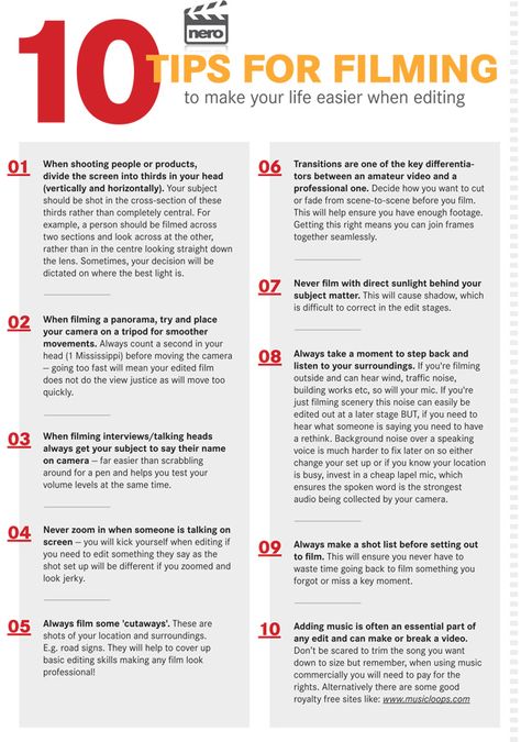 Check out Nero's top ten tips for filming video, then enter our competition to win a Toshiba action camcorder and Nero 2014 Platinum video editing suite! Video Editing Basics, Horror Movie Making Tips, Film Transitions, Movie Tips, Filming Tips, Video Editing Tips, Film Class, Make A Movie, Filmmaking Tips