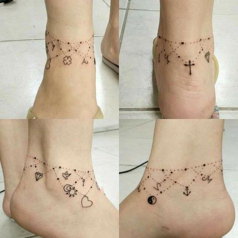 Charm Bracelet Tattoo Ideas, Star Bracelet Tattoo, Charm Tattoo Ideas, Cute Feet Tattoos, Star Ankle Tattoo, Charms Tattoo, Tattoo Anklet, Inside Ankle Tattoos, Charm Anklet Tattoo