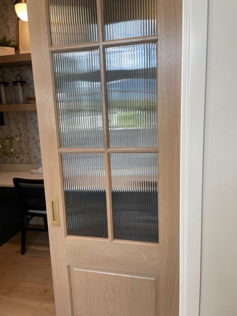 Wood Pocket Door Pantry, Arched Pocket Door Pantry, Wood Pocket Doors Interior, Doors With Windows Above, Wood Pantry Pocket Door, Cane Interior Door, Reeded Glass Exterior Door, Pocket Door Butlers Pantry, White Oak Pocket Doors