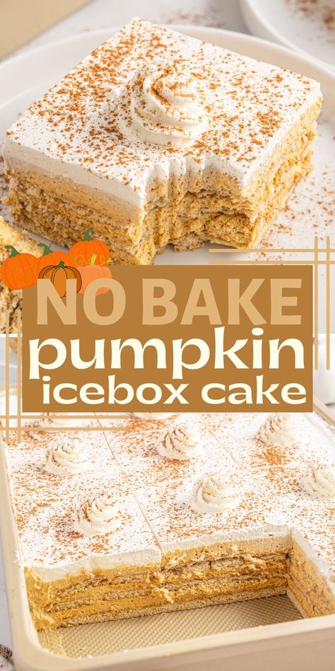 Pumpkin Ginger Snap Icebox Cake, Graham Cracker Pumpkin Dessert, Summer Pumpkin Dessert, Pumpkin Ice Box Cake Graham Crackers, Halloween Icebox Cake, Pumpkin Pie Icebox Cake, Pumpkin Icebox Cake Graham Crackers, Thanksgiving Icebox Cake, Light Easy Dessert Recipes