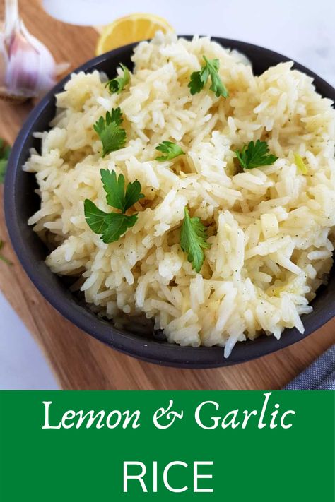 Lemon and Garlic Rice is an easy and tasty alternative to plain white rice. It's very easy to make, and tastes perfect with Mediterranean flavours! #rice #lemon #ginger #easy #mealprep #vegan #vegetarian #plantbased #diet #weightloss #sidedish #tasty #healthy #mediterranean #wholesome #flavour #cheap #quick #kidfriendly Honey Roasted Parsnips, Garlic Rice Recipes, Greek Lemon Rice Soup, Honey Mustard Pork Chops, Oven Roasted Green Beans, Greek Lemon Rice, Greek Lemon Chicken Soup, White Rice Recipes, Lemon Soup