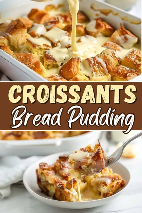 There’s a lot to love about this croissant bread pudding. Between the custardy croissants and creamy vanilla sauce, it’ll make you weak in the knees. Cheese Deserts, Bread Pudding With Croissants, Croissant Bread Pudding, Croissant Bread, Chocolate Pieces, Croissant Recipe, Vanilla Sauce, Bread Pudding Recipe, Weak In The Knees