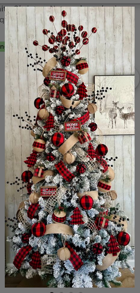 Farm House Christmas Tree Themes, Black And Red Checkered Christmas Decor, Lodge Themed Christmas Tree, Red And White Buffalo Check Christmas, Boho Style Christmas Decor, Farmhouse Themed Christmas Tree, Red And Silver Flocked Christmas Tree, Buffalo Plaid Tree Christmas Decor, Farmhouse Red Christmas Tree