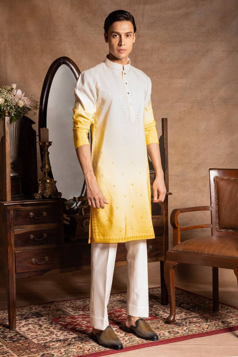 Amrit Dawani's Yellow Silk Embroidery Butti Ombre Kurta With Pant For Men Haldi Ceremony Outfit For Men, Western Outfit Men, Embroidery Butti, Suits For Guys, Kurta Designs Men's, Boys Kurta Design, Haldi Outfits, Indian Groom Wear, Wedding Dresses Men Indian