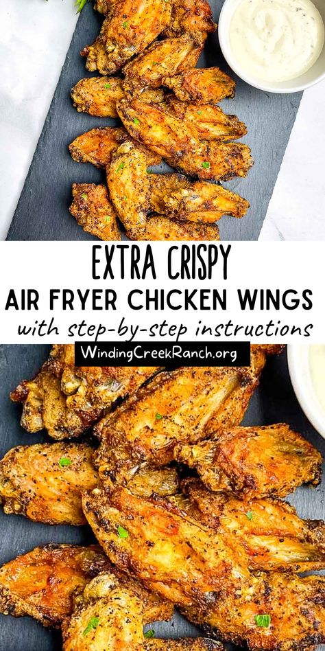 Air fryer chicken wings with baking powder are the crispiest chicken wings you will ever make. They are super easy to make, and the cook time is only about 30 minutes. The final result is wings that are crispy and flavorful on the outside and tender and juicy on the inside. Because they are cooked in an air fryer, hardly any oil is used, and cleanup is a breeze! Toss them in your favorite sauce, or serve as is, lightly seasoned, with your favorite wing sauce. Chicken Wings With Baking Powder, Wings With Baking Powder, Chicken Wings In Air Fryer, Wings In Air Fryer, Crispy Air Fryer Chicken Wings, Air Fryer Recipes Chicken Wings, Air Fryer Baking, Crispy Air Fryer Chicken, Air Fry Chicken Wings