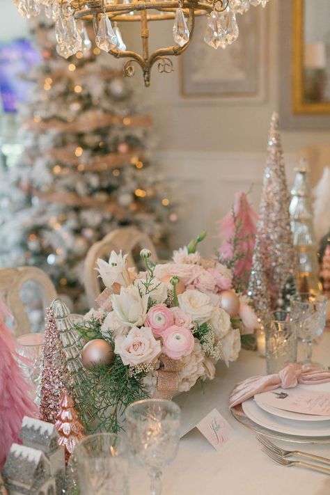 Inspired by the color pink, we created a nontraditional Christmas tablescape! #pinkchristmas #pinkchristmascenterpiece #christmasparty #christmasdecor #christmasflowers #christmastreedecor #holidayinspo #pinkplacesetting #prettyinpink Pink Winter Tablescape, Pink Holiday Tablescape, Red And Pink Christmas Tablescape, Pink Christmas Table Centerpieces, Pink Christmas Floral Arrangements, Pink Christmas Party Decorations, Pink Christmas Centerpieces, Pink Christmas Tablescapes, Pink Christmas Wedding