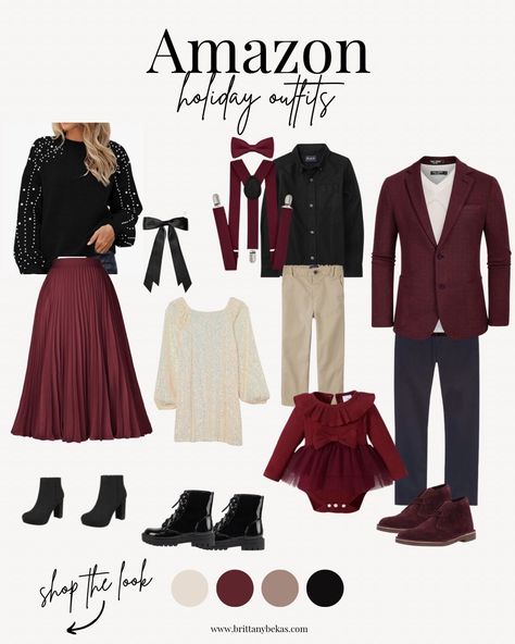 This modern take on the classic red with burgundy is so on trend for holiday! Everything featured in these holiday family outfits is available on Amazon and under $75. I love the white sequin dress and all the textured and colors together. If you are looking for holiday family outfits for a Christmas party, holiday party or just for your holiday card photo outfits -- this styled Christmas outfit is perfect! Shop everything styled here on my Amazon shop. Click to shop it! #amazonfashion Christmas Card Dress, Christmas Cabin Outfits, Holiday Outfit Family Pictures, Christmas Color Family Pictures, Navy Burgundy Cream Family Photos, Plum Color Scheme Family Photos, Cranberry Family Photo Outfits, Christmas Mini Shoot Outfits, Black And Red Holiday Family Photos