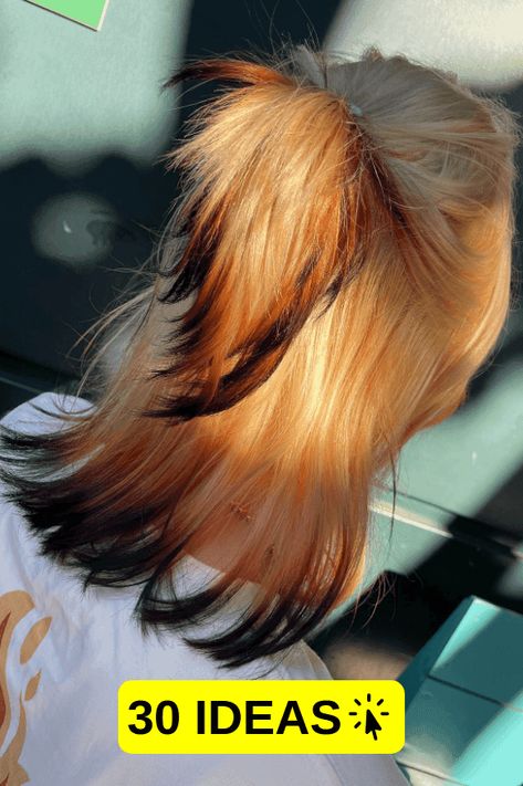 fox haircuts, bold hairstyles, runwayready Redhead Hair Dye Ideas, Orange Blonde And Black Hair, Blond With Colored Tips, Blue Color Blocking Hair, Hair Dye Ideas With Blonde, Cool Hair Dies Ideas, Fox Tail Haircut, Blonde Hair With Orange Tips, Fox Hair Color Style