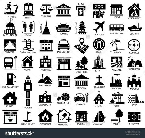 Map symbols Legend Symbol, City Maps Illustration, Architecture Symbols, Urban Icon, City Maps Design, Map Symbols, Architecture Mapping, Architecture Icons, Fantasy World Map