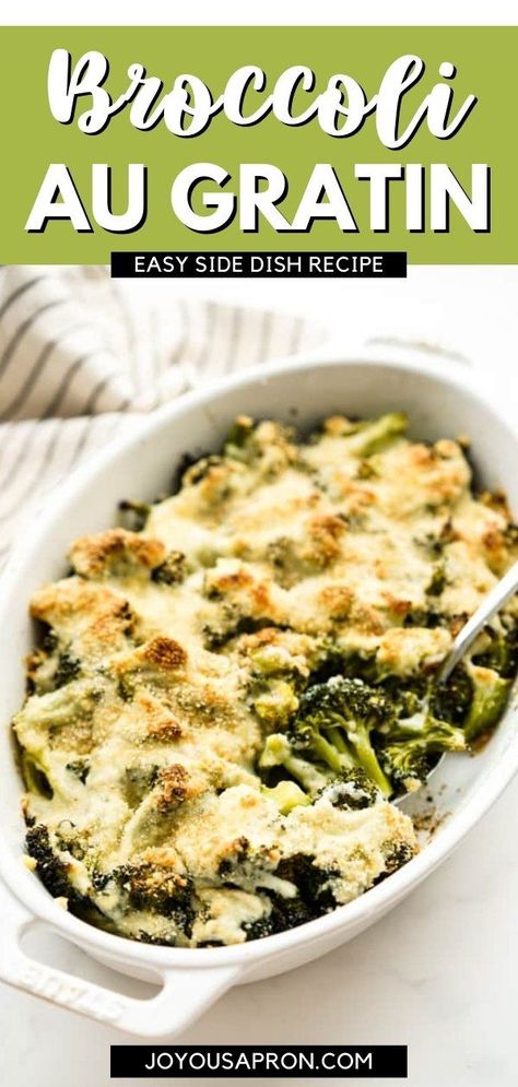 This is the Best Broccoli au Gratin recipe! Broccoli is tossed in garlic for lots of amazing flavors, oven-roasted (not steamed or boiled!), and topped with creamy béchamel cheese sauce along with breadcrumbs and parmesan cheese. This cheesy broccoli casserole dish is perfect for the Thanksgiving and Christmas holida, or as a side to dinner any day! Broccoli Au Gratin Recipe, Broccoli Au Gratin, Joyous Apron, Broccoli Casserole Recipe, Seasoned Broccoli, Recipe Broccoli, Cheesy Broccoli Casserole, Broccoli Side Dish, Veggie Side Dish Recipes