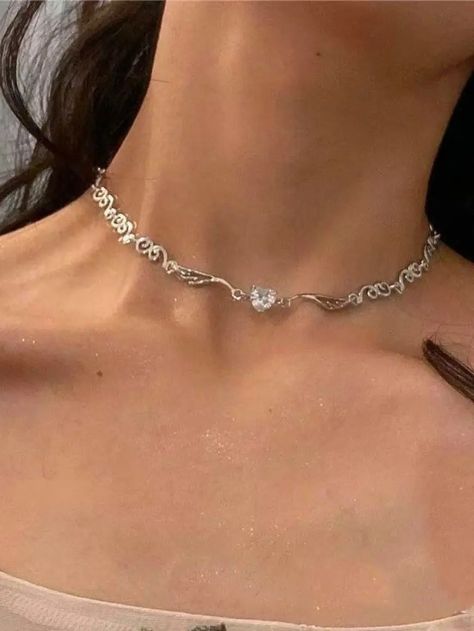 Silver Color Irregular Choker Necklace | Hekka Butterfly Cutout, Trendy Scarves, Angel Wings Heart, Festival Birthday, Y2k Fairycore, Angel Print, Sparkle Jewelry, Silver Heart Necklace, Rhinestone Heart