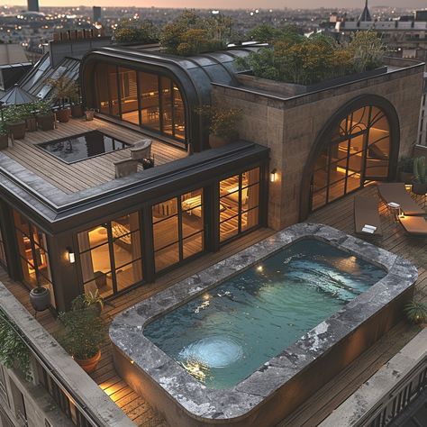 Dive into the opulent ambiance of this Boutique Hotel Residence in the heart of Paris. Featuring Art Deco elegance, a rooftop infinity pool, and urban roof garden, this 6,000 sq ft space offers six luxurious bedrooms. Share your thoughts on this urban oasis in the City of Light. Join the conversation and follow for more luxurious lifestyle inspiration! 🌆🇫🇷 #ArtDecoLuxury #ParisianParadise #BoutiqueHotelResidence #dreamhomeinspiration #luxuryliving #luxurydesign Penthouse Architecture, Rooftop Bedroom, Paris Penthouse, Luxury Rooftop, Rooftop House, Penthouse Roof, Roof Pool, Luxury Pool House, Rooftop Pools