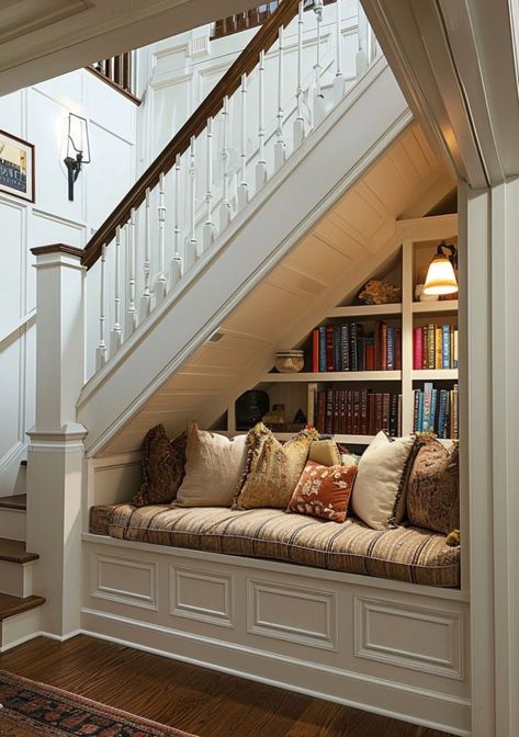 Under Stairs Nook, Stair Nook, Reading Spot, Under The Stairs, Nook Ideas, Concept Ideas, Understairs Storage, Dream Apartment, Cozy Reading