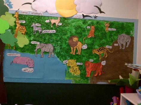 Wild animals classroom display board Wild Animal Projects For Preschool, Wild Animals School Project, Wild Animals Classroom Decoration, Animal Kingdom Bulletin Board Ideas, Wild Animals Projects For Preschool, Wild Animals Bulletin Board Ideas, Animal Theme Bulletin Board Ideas, Wild Animals Projects For Kids, Wild Animals Activities For Kids