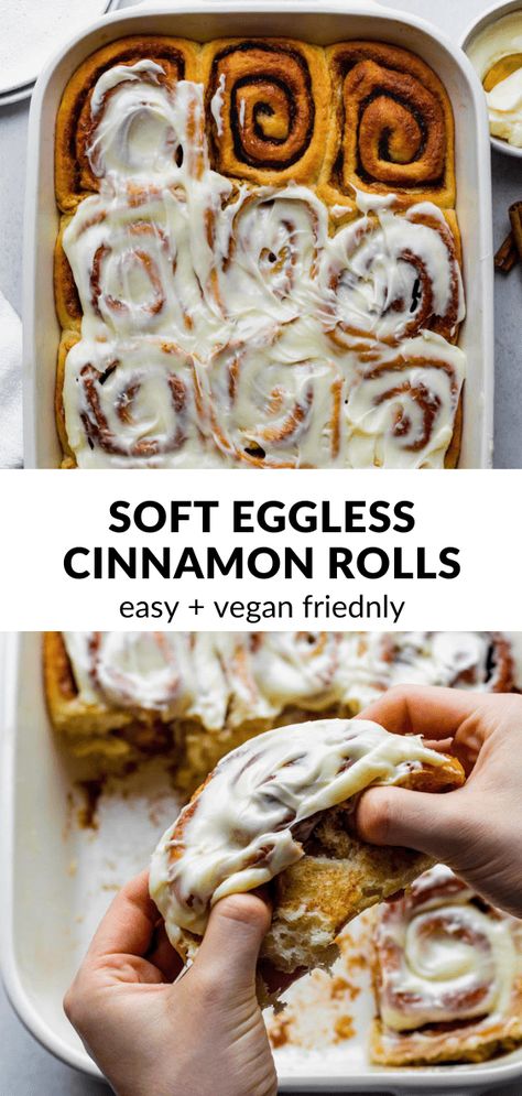 These Eggless Cinnamon Rolls are soft, fluffy, and super gooey in the middle! They're easy to make and come together with 8 basic ingredients. You can easily make these homemade cinnamon rolls vegan by using vegan butter and non-dairy milk. as they're already egg-free. Dairy Free Egg Free Muffins, Eggless Cinnamon Buns, Vegan Cinammon Rolls Recipes, Egg Free Lunch Ideas, Cinnamon Rolls Homemade Eggless, Easy Cinnamon Rolls No Eggs, Homemade Cinnamon Rolls No Egg, Organic Cinnamon Rolls, Cinnamon Buns No Egg