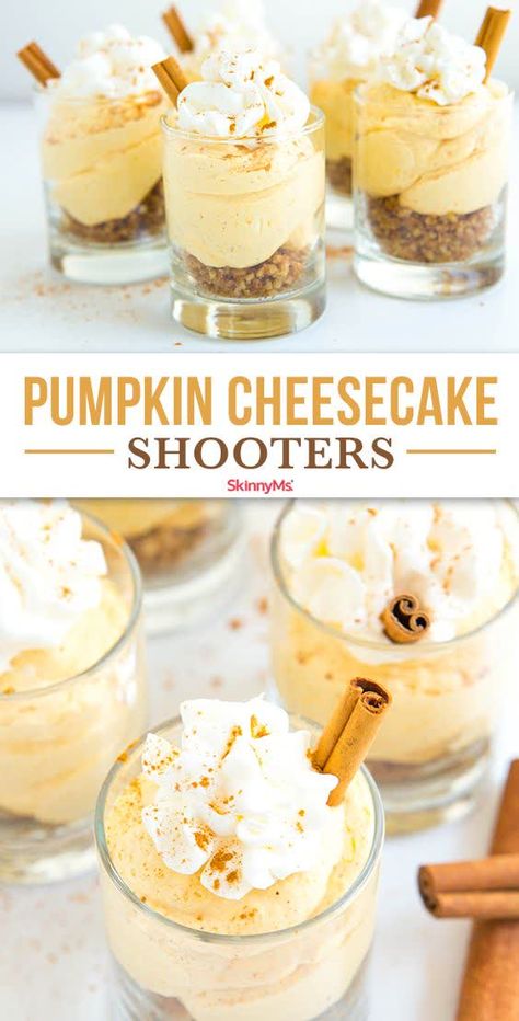 Dessert Shooters Recipes, Cheesecake Shooters, Shot Glass Desserts, Dessert Pumpkin, Shooter Recipes, Dessert Cups Recipes, Dessert Shooters, Mini Dessert Cups, No Bake Pumpkin Cheesecake