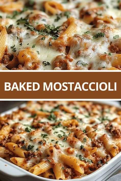 Baked Mostaccioli Easy Hot Dishes Casserole Recipes, Ground Beef Mozzarella Pasta Recipes, Best Baked Mostaccioli Recipe, Mosticholli Bake, Baked Mostaccioli Recipe Ground Beef, One Dish Baked Pasta, Mastacholli Bake Recipe, Italian Baked Pasta Recipes, Baked Mostaccioli With Ricotta