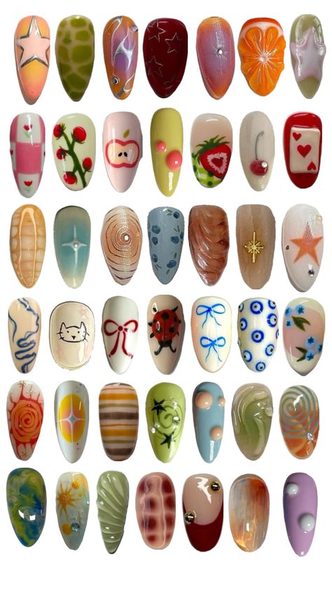 Nail Art Very Short Nails, Funky Nails Christmas, Garbo Core Nails, Nail Frame Design, Nail Inspo Cartoon, Simple But Unique Nails, Twee Nails Aesthetic, Plain Colorful Nails, Simple But Cool Nails