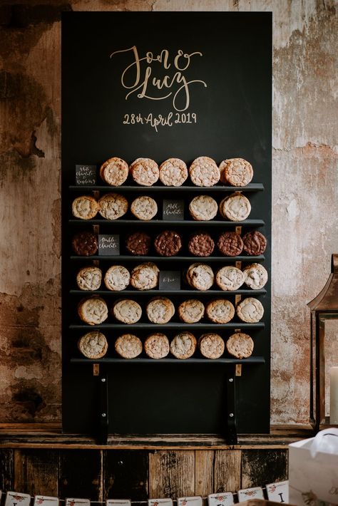 Cookie Wall Display, Cookies Stand Display, Food Walls Wedding, Wedding Desserts Cookies, Cookie Stand Wedding, Cookie Table Wedding Display Bar Ideas, Dessert Wall Wedding, Cookie Table At Wedding, Cookie Dessert Table Wedding