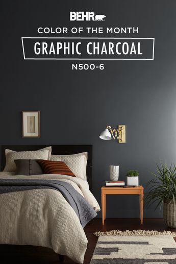 Charcoal Grey Bedrooms, Gray Accent Wall Bedroom, Accent Wall Bedroom Paint, Dark Gray Paint Colors, Charcoal Bedroom, Charcoal Grey Paint, White Bedspread, Dark Gray Bedroom, Dark Accent Walls