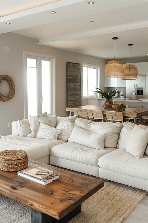 39 Living Room-Dining Room Combos To Maximize Your Space Modern Coastal Living Room, Modern Coastal Decor, Living Room Dining Room Combo, Farmhouse Decor Ideas, Coastal Interiors Design, Aesthetic Living Room, Living Room Design Inspiration, Dining Room Combo, Coastal Living Rooms