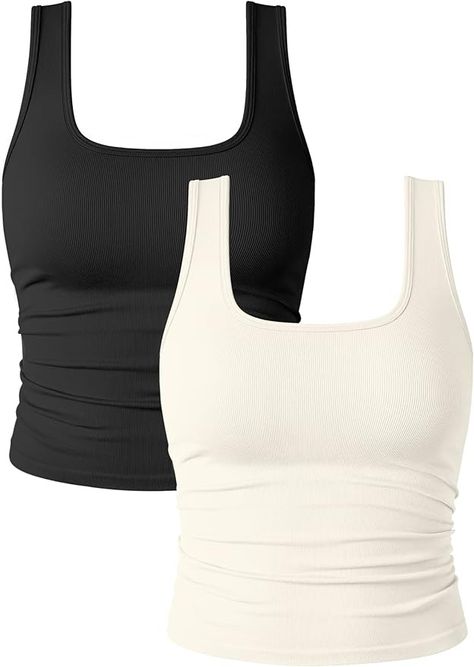 OQQ Womens 2 Piece Shirts Ruched Sleeveless Square Neck Seamless Stretch Fit Basic Tee Tops Black Beige at Amazon Women’s Clothing store Basic Pieces Of Clothing, Basic Clothes Essentials For Women, Basic Clothes Essentials, Basics Wardrobe Essentials, Thrift Clothes, Basic Clothes, Basic Wardrobe Essentials, Thrifted Outfits, Tops Black