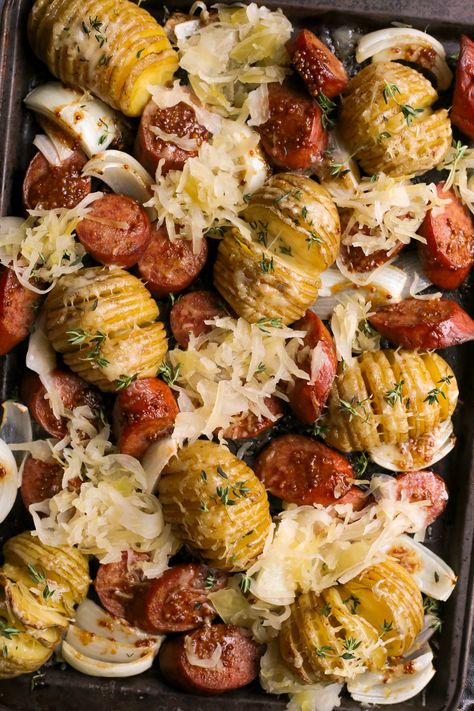 Sheet Pan Party Food, Kielbasa Sausage Dinner Ideas, Winter Sheet Pan Dinners, Turkey Keilbasa Recipes Sheet Pan, Kielbasa Sheet Pan Meal, Kielbasa Sheet Pan Dinners, Kalbasa And Sourkraut, Fall Kielbasa Recipes, Meals With Sauerkraut Healthy