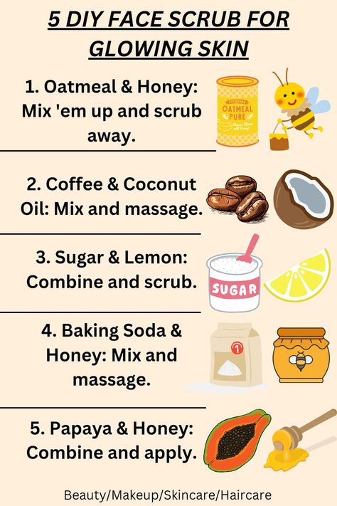 #affiliate 5 Diy Face Scrub for Glowing Skin in 2024 Diy Face Scrub For Glowing Skin, How To Make A Facial Scrub Homemade, Facial Glow Up Tips, Facial Scrubs Homemade, Homemade Skin Care Recipes Diy, Forehead Pimples, Face Scrub Recipe, Diy Scrubs, Diy Body Scrub Recipes